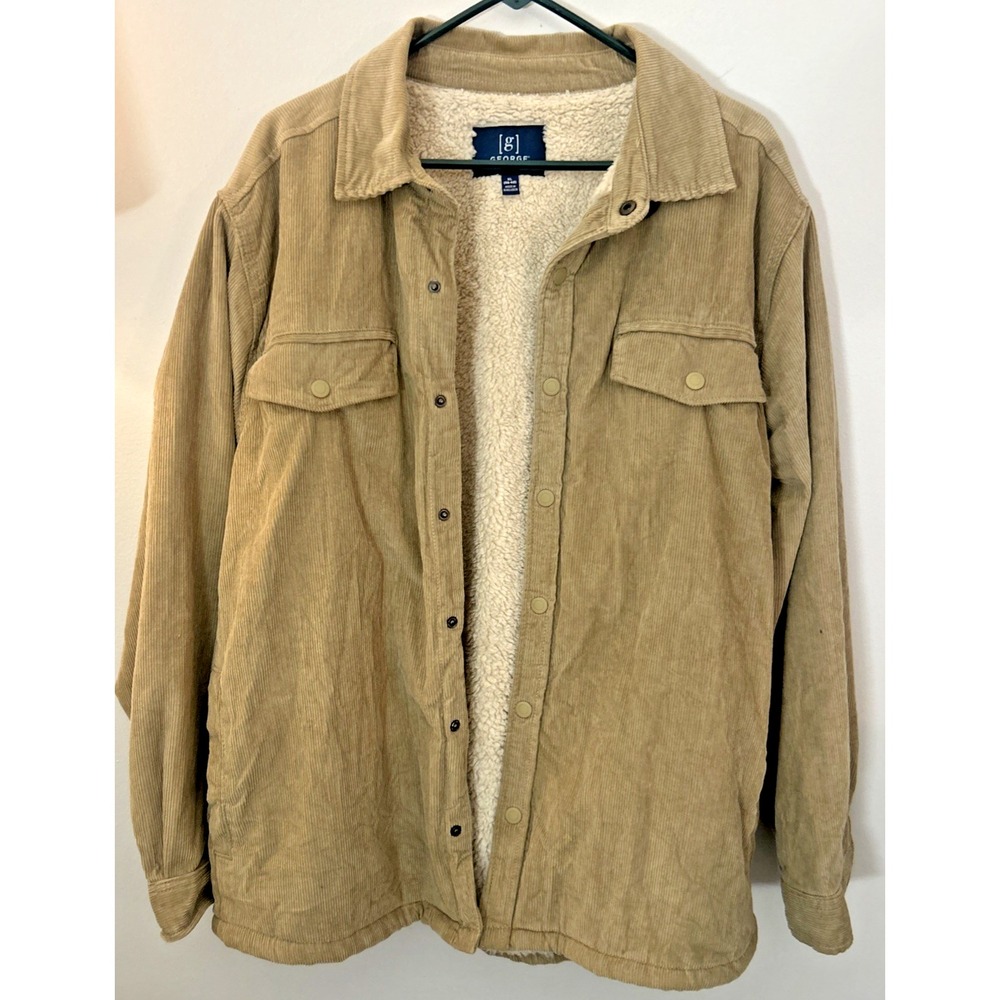 Men's XL Corduroy Trucker Chore Jacket Sherpa Lined Barn Coat Tan Snap Workwear